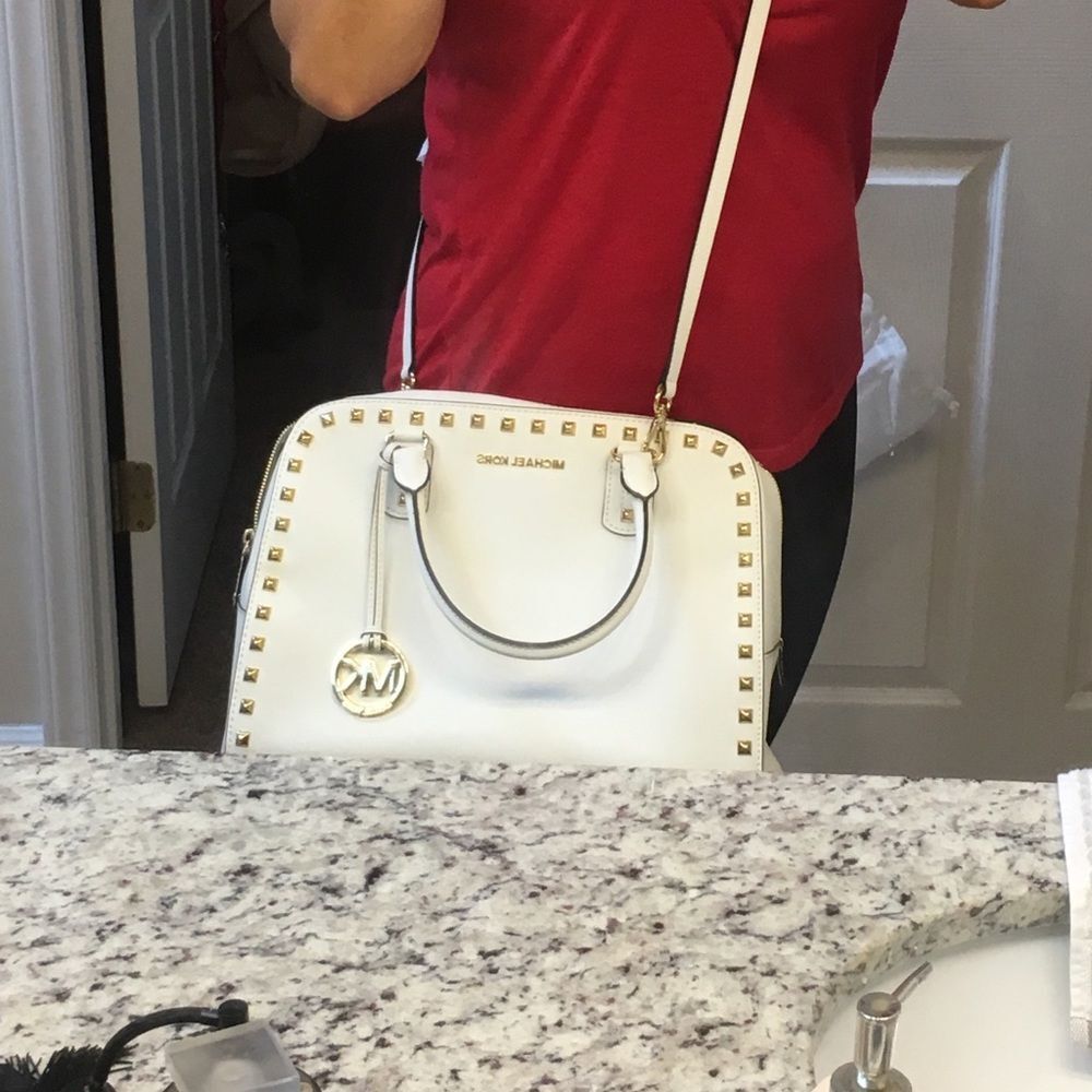 Genuine Michael Kors Large Satchel Handbag Crossbody Studded White - Picture 5 of 6